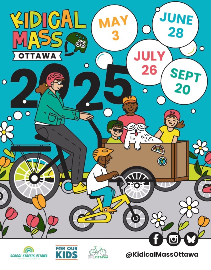 Kidical Mass 2025 Poster. Dates are June 28, July 26, Sept 20